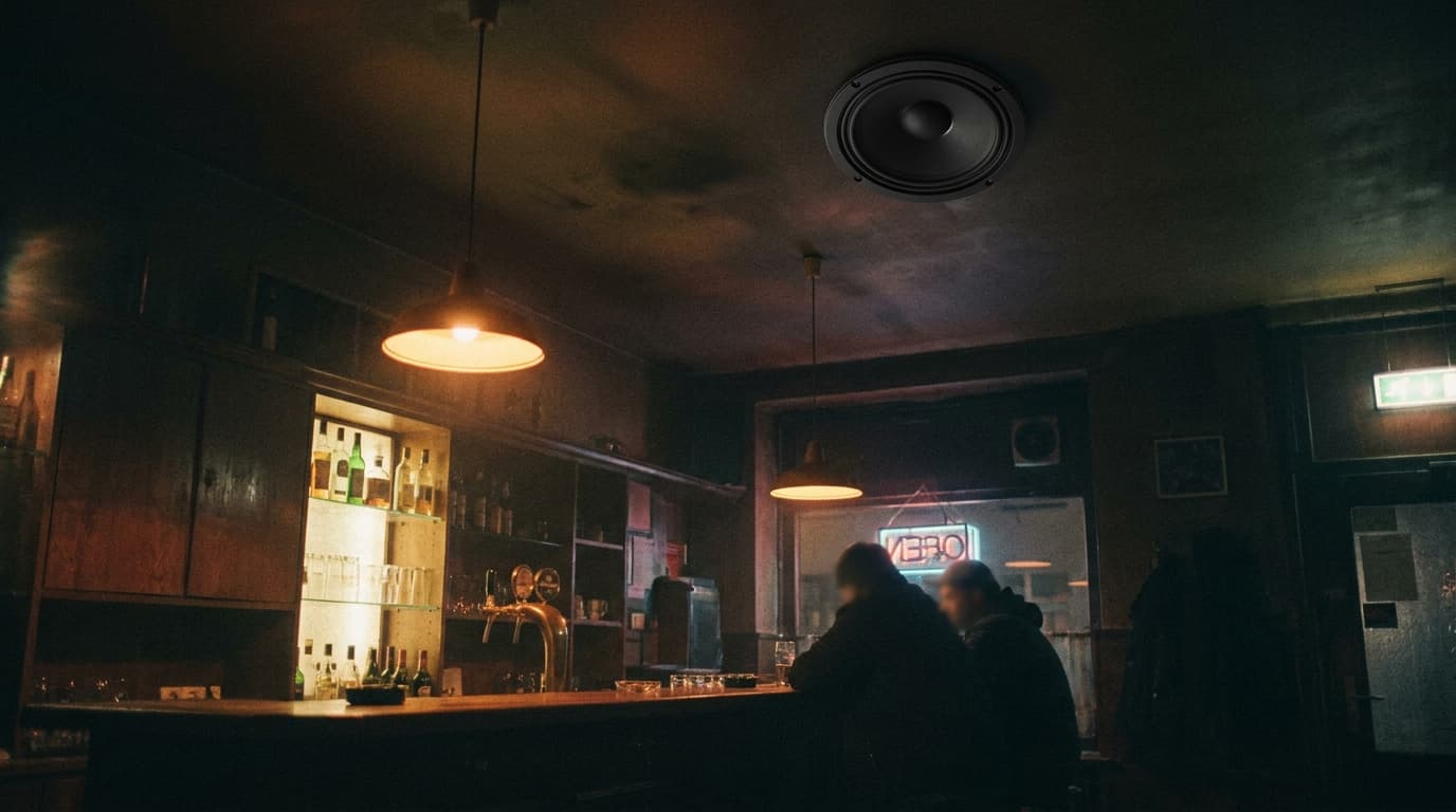 Kleine Bar am Abend: warmes Licht, Flaschen hinter dem Tresen, ein Deckenlautsprecher