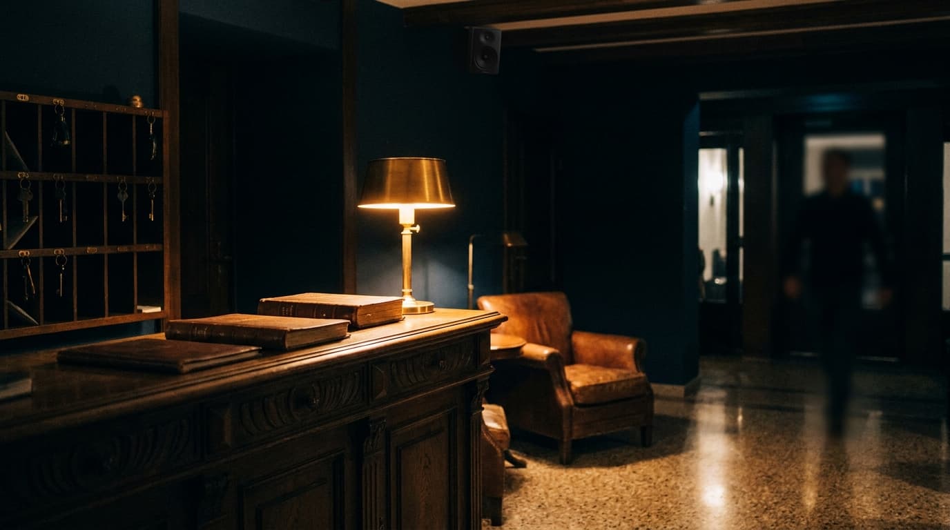 Hotellobby bei Nacht: Empfangstresen im warmen Lampenlicht, Deckenlautsprecher